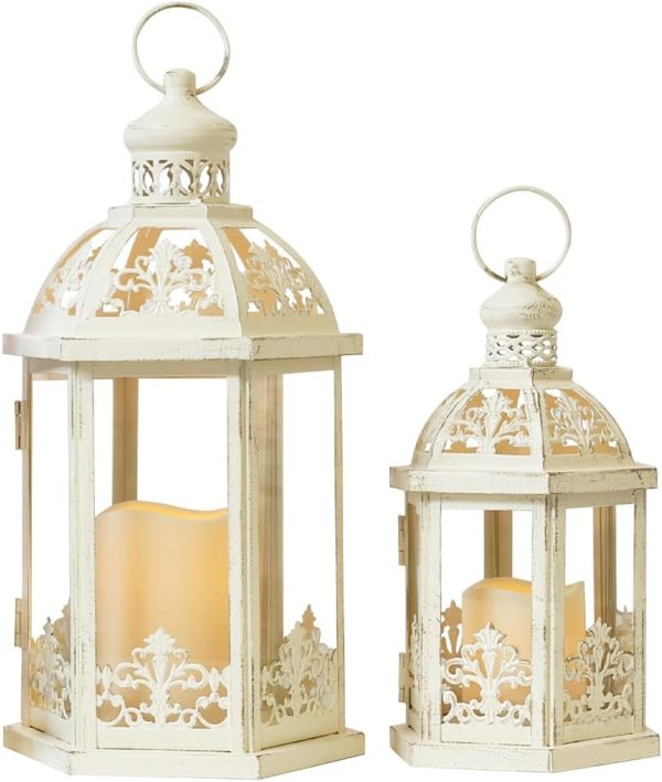 Lanterns Decorative Outdoor&Indoor, Set of 2 (15"&11") Beige Metal Lantern Decor with Glass, Candle Holder for Porch, Patio, Garden, Fall, Wedding, Christmas, Table Centerpiece - Image 7
